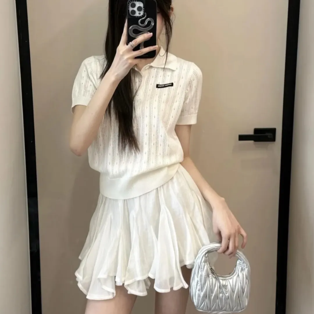 『フリーサイズ』お嬢様感 クラシックなケーブル編み模様 涼感爽快 プリンセス風レースポロシャツ