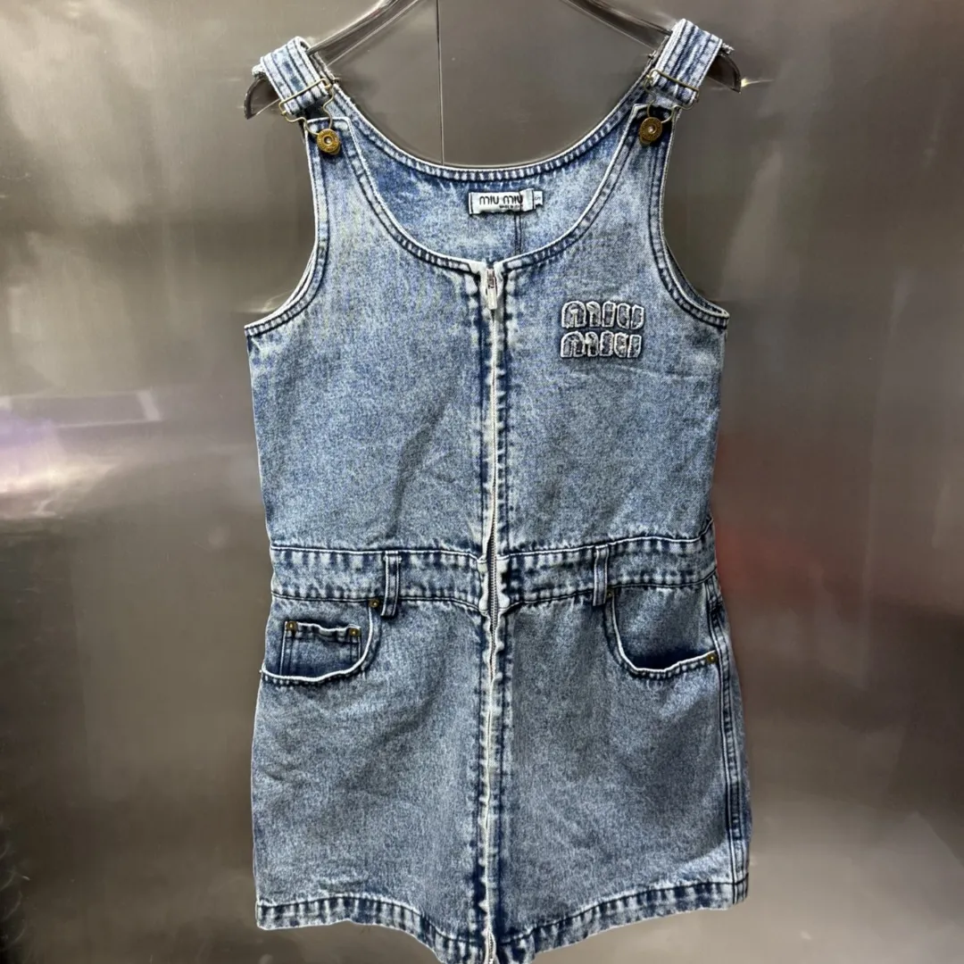 『S-L』春夏 新作 レターパッチ 刺繍 エンブレム ウォッシュ デニム サスペンダー ワンピース