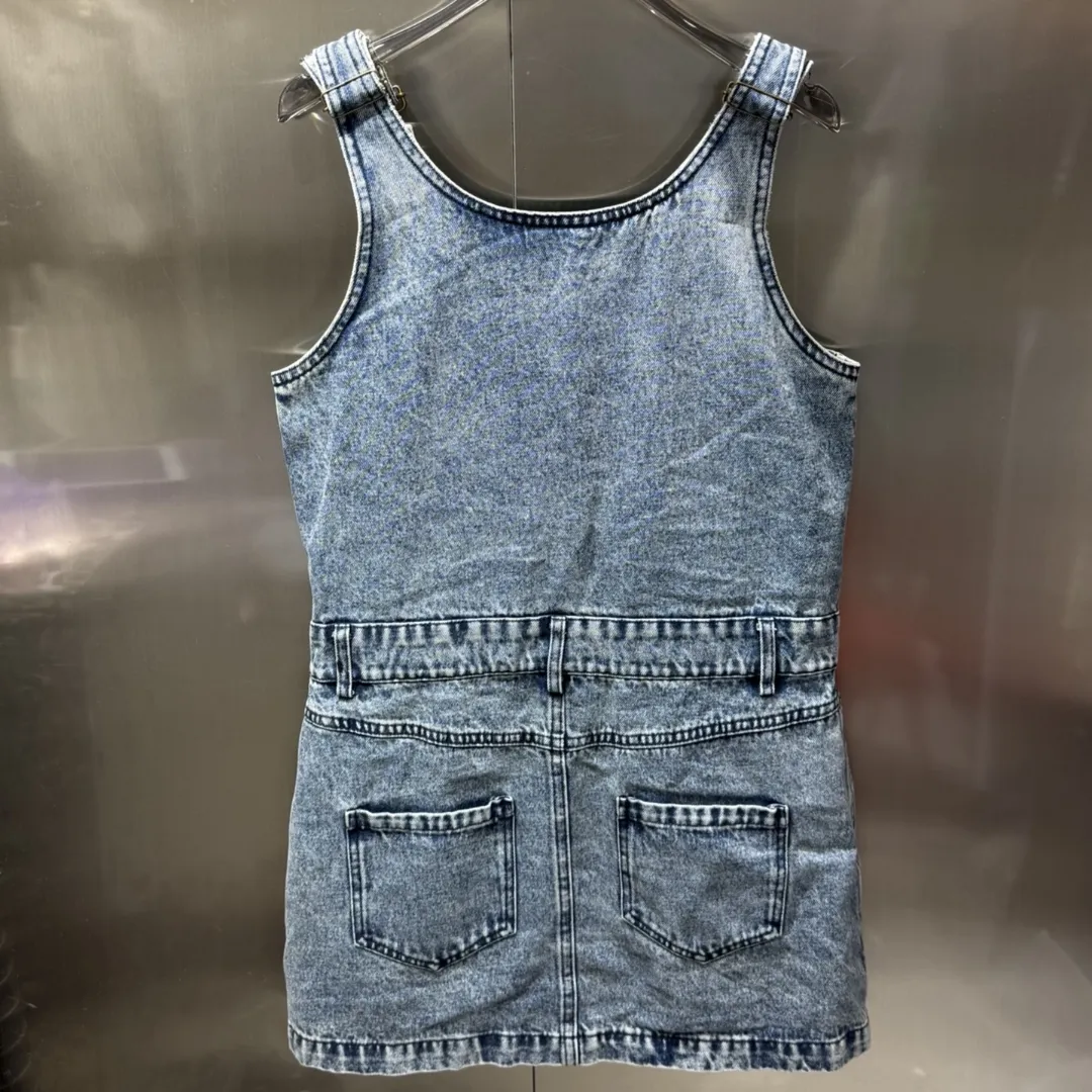 『S-L』春夏 新作 レターパッチ 刺繍 エンブレム ウォッシュ デニム サスペンダー ワンピース
