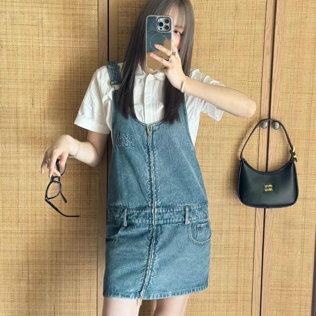 『S-L』春夏 新作 レターパッチ 刺繍 エンブレム ウォッシュ デニム サスペンダー ワンピース