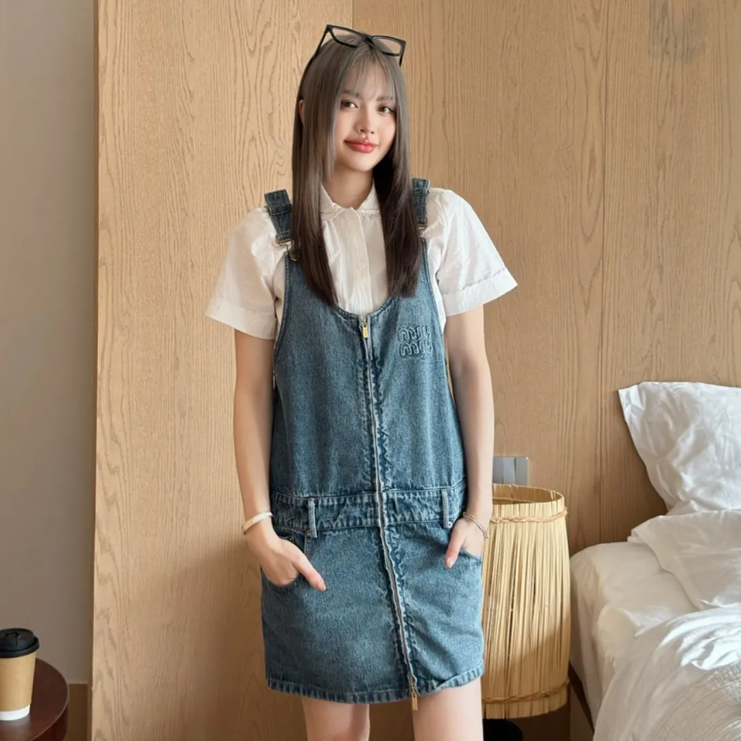 『S-L』春夏 新作 レターパッチ 刺繍 エンブレム ウォッシュ デニム サスペンダー ワンピース