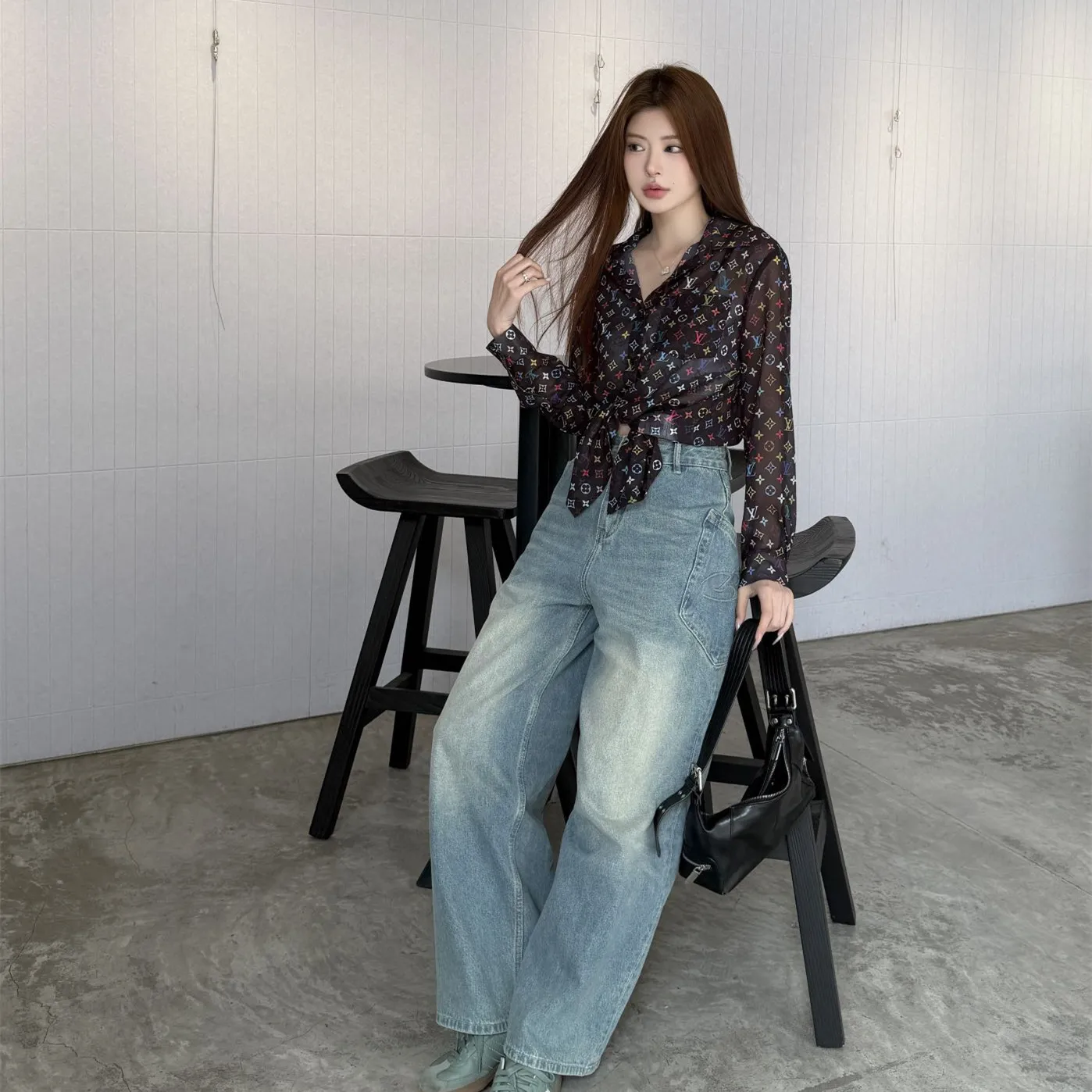 『S-L』新作 優しい雰囲気 着回し最強 人気爆発中 シースルー 日常通勤 柔らか質感 おしゃれ プリント シャツ