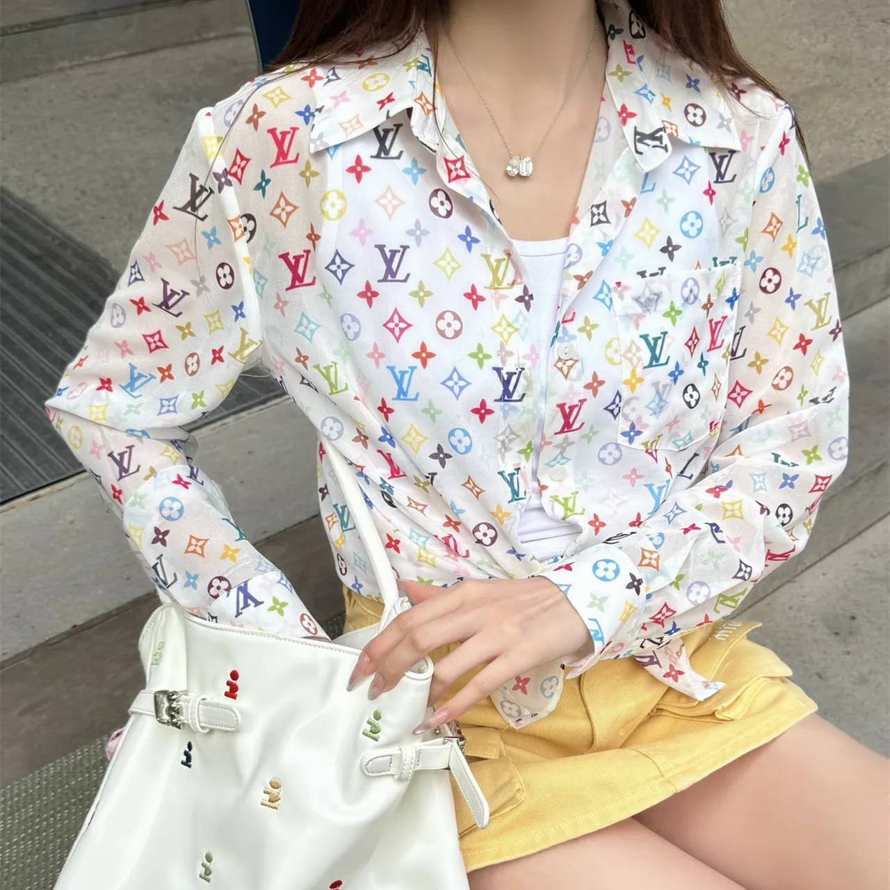 『S-L』新作 優しい雰囲気 着回し最強 人気爆発中 シースルー 日常通勤 柔らか質感 おしゃれ プリント シャツ