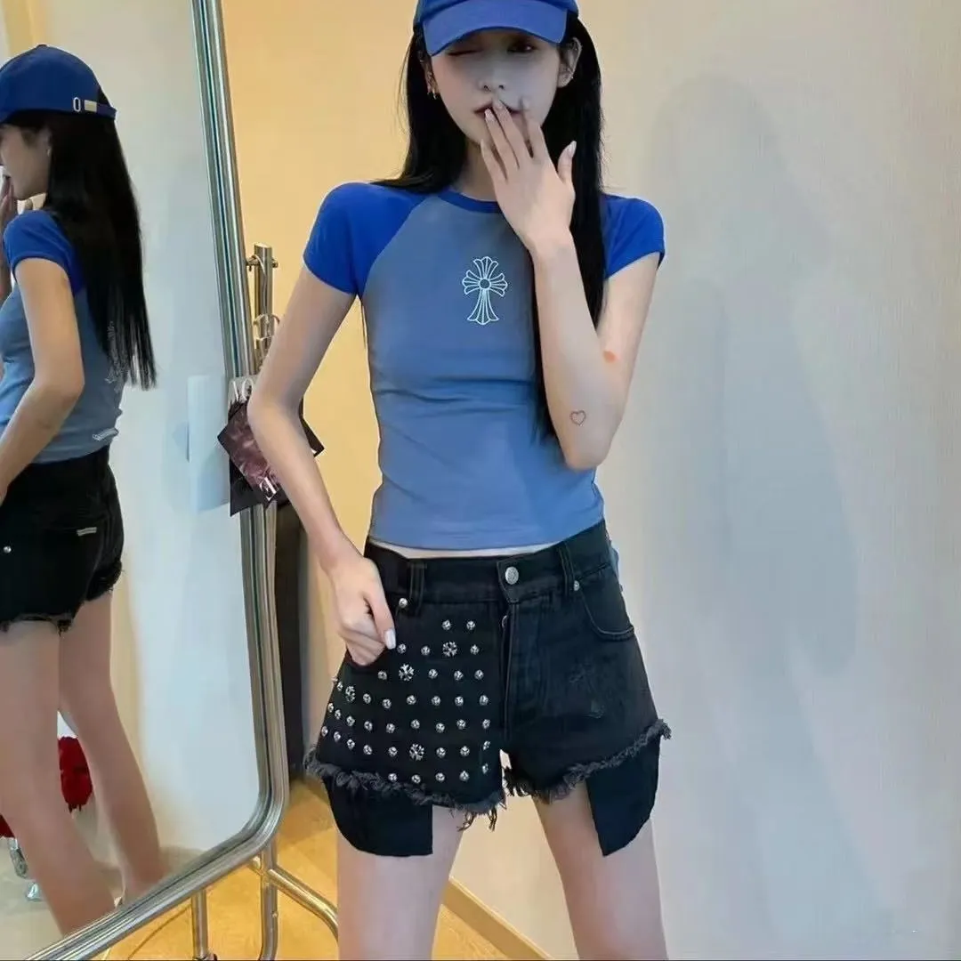 『S-XL』夏 ストレッチ おしゃれ リベット メタルデコ ヘビーワーク デニムショーツ