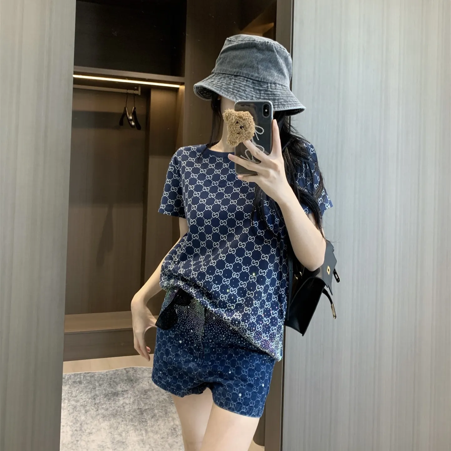 『S-L』映え スリム おしゃれ 通気性 快適 クルーネック 綿100% グラデーション ホットストーン Tシャツ ショーツ