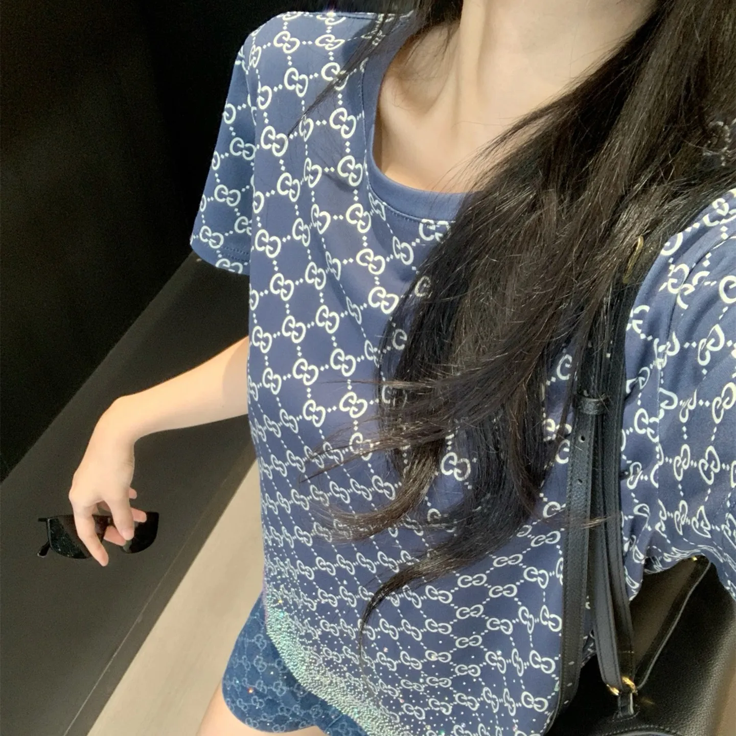 『S-L』映え スリム おしゃれ 通気性 快適 クルーネック 綿100% グラデーション ホットストーン Tシャツ ショーツ