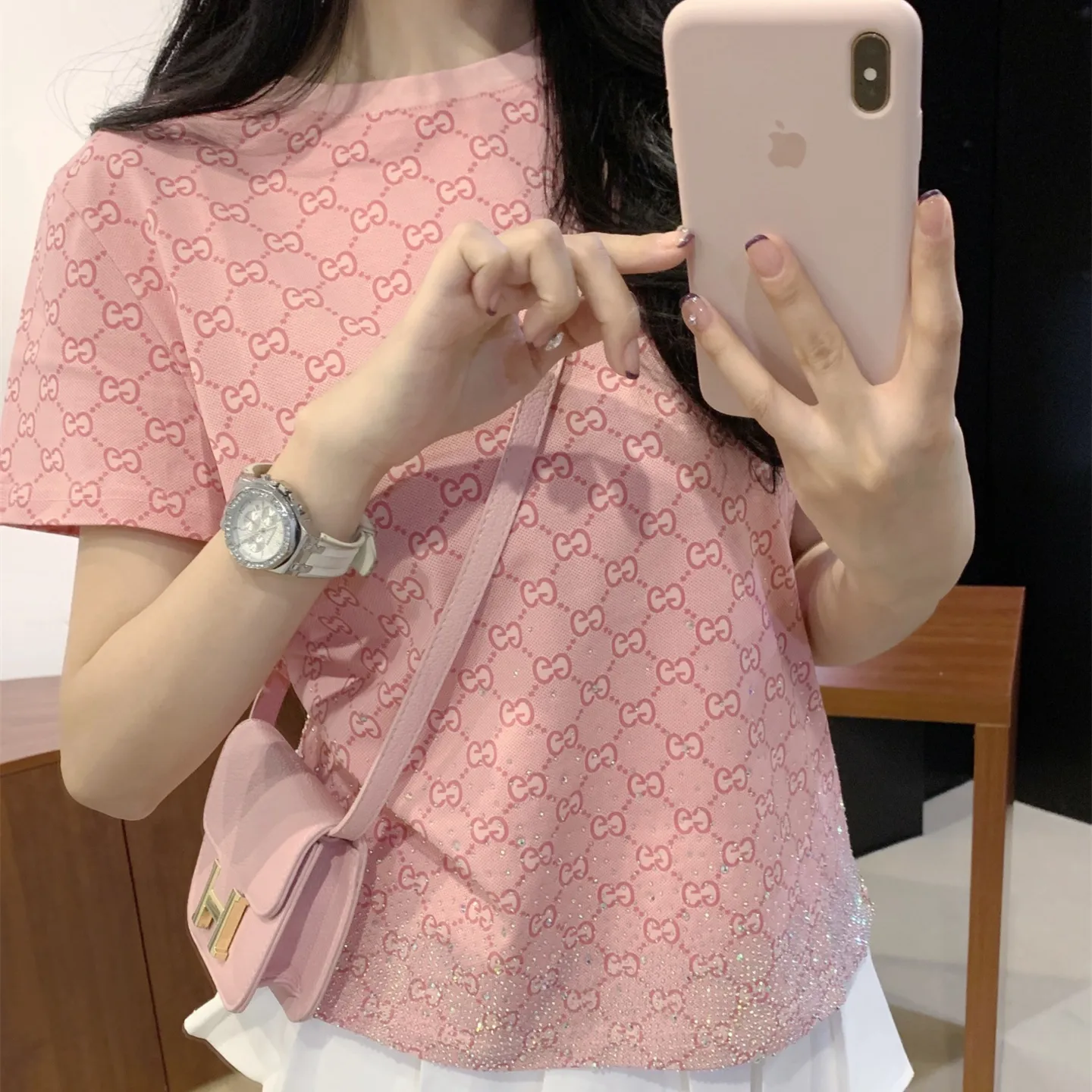 『S-L』映え スリム おしゃれ 通気性 快適 クルーネック 綿100% グラデーション ホットストーン Tシャツ ショーツ