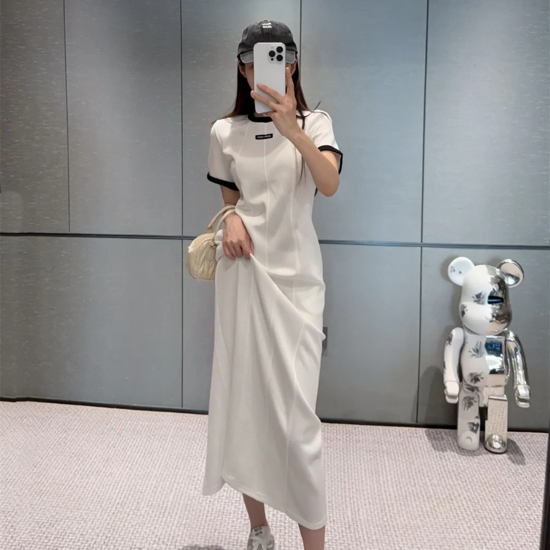 『S-L』夏 軽量 おしゃれ ロゴデコ カラーブロック クルーネック 半袖 ワンピース