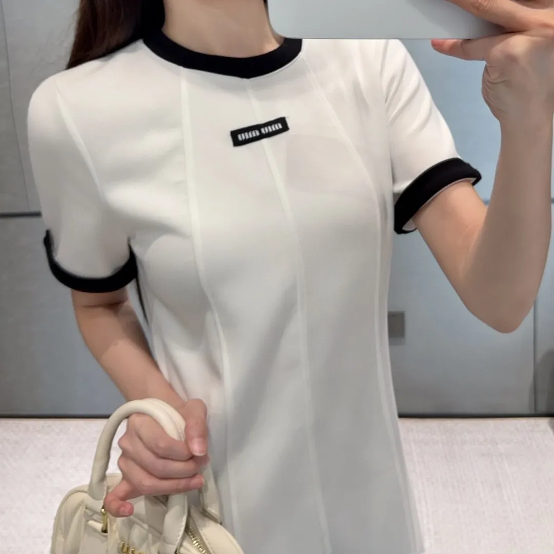 『S-L』夏 軽量 おしゃれ ロゴデコ カラーブロック クルーネック 半袖 ワンピース