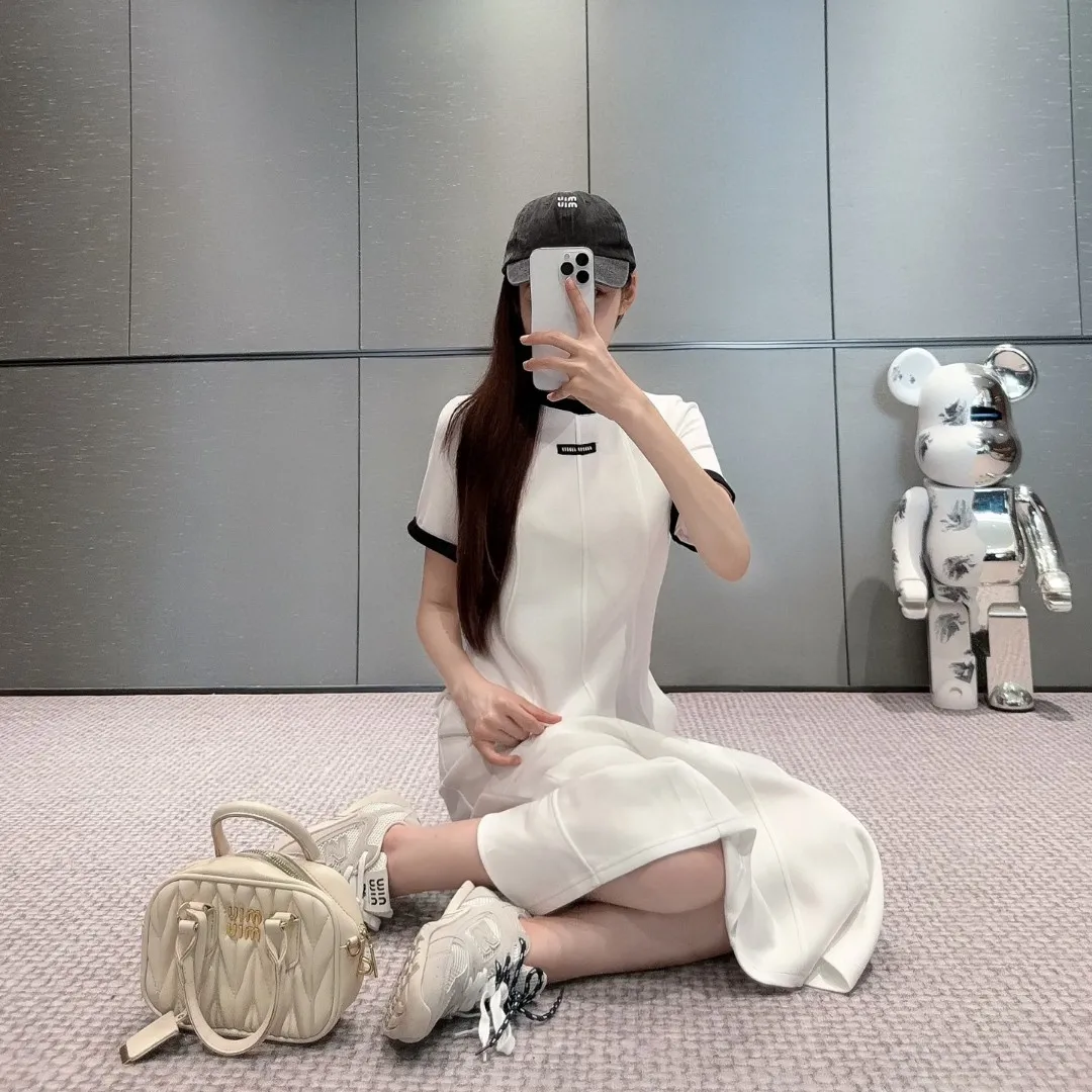 『S-L』夏 軽量 おしゃれ ロゴデコ カラーブロック クルーネック 半袖 ワンピース