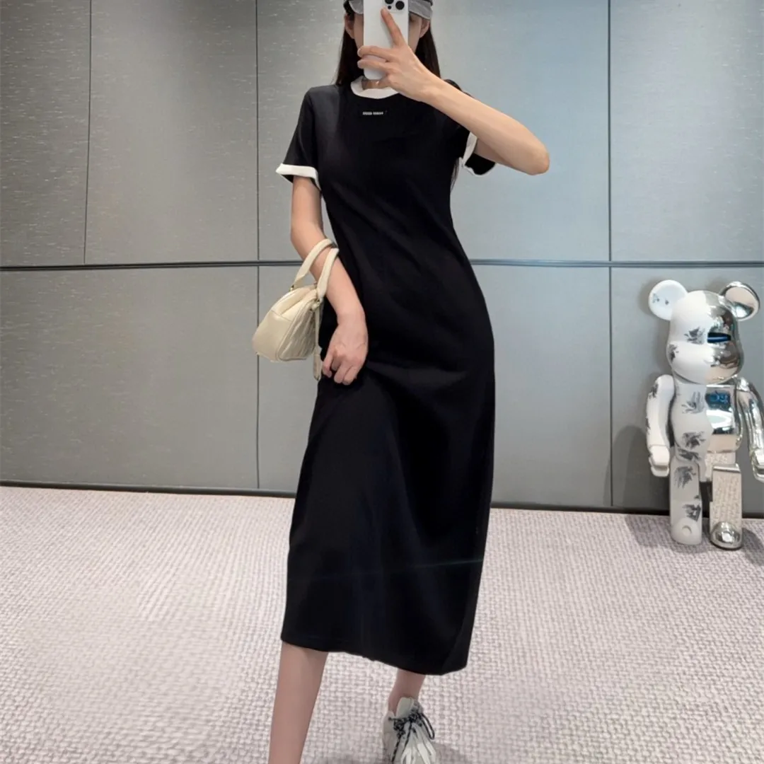 『S-L』夏 軽量 おしゃれ ロゴデコ カラーブロック クルーネック 半袖 ワンピース