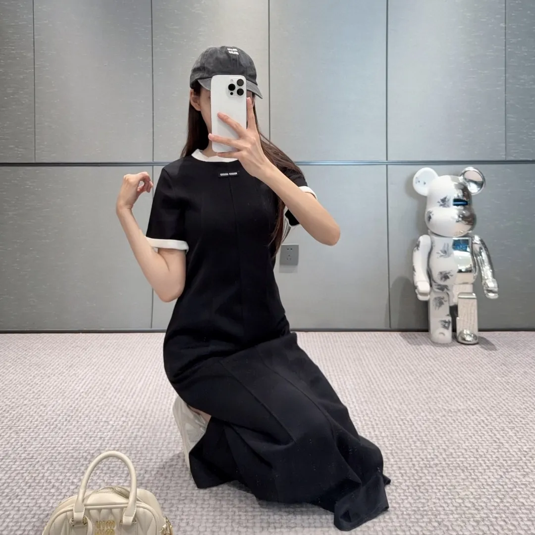 『S-L』夏 軽量 おしゃれ ロゴデコ カラーブロック クルーネック 半袖 ワンピース