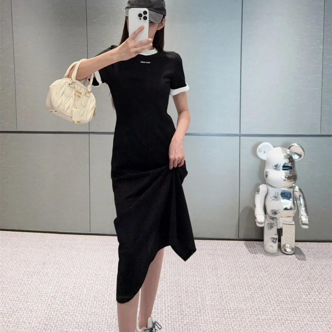 『S-L』夏 軽量 おしゃれ ロゴデコ カラーブロック クルーネック 半袖 ワンピース