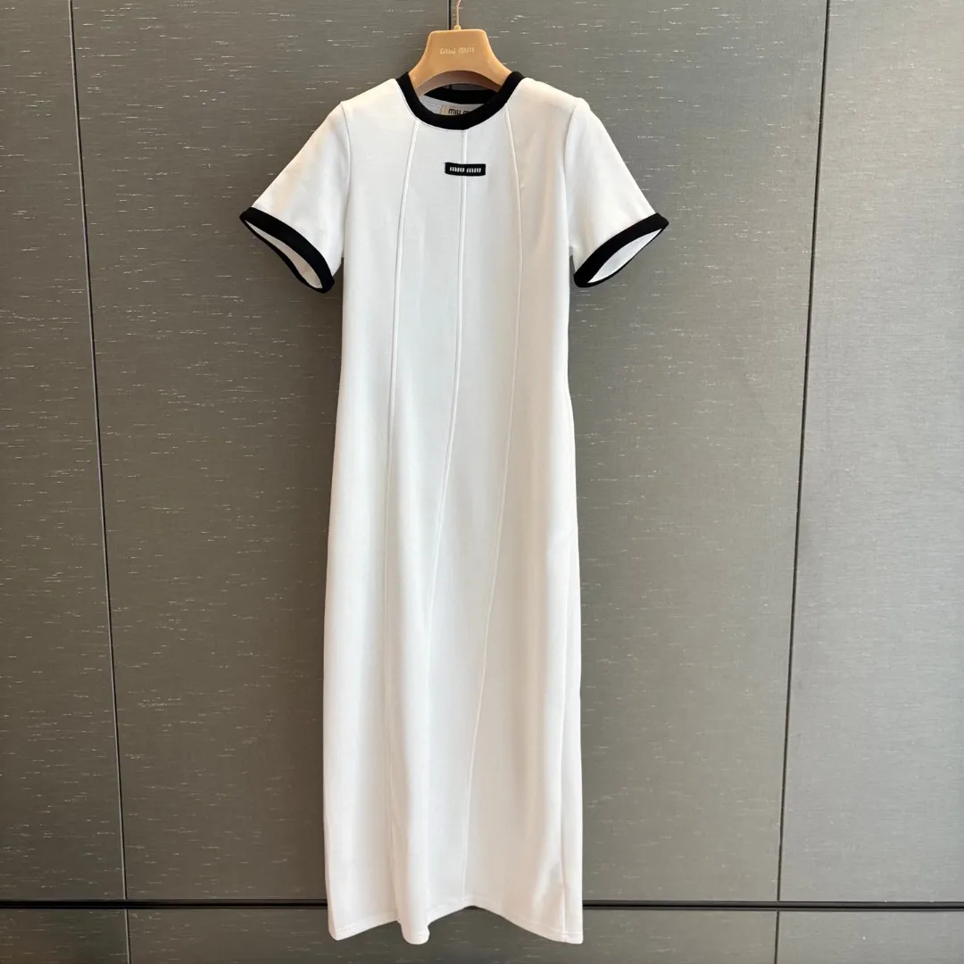 『S-L』夏 軽量 おしゃれ ロゴデコ カラーブロック クルーネック 半袖 ワンピース