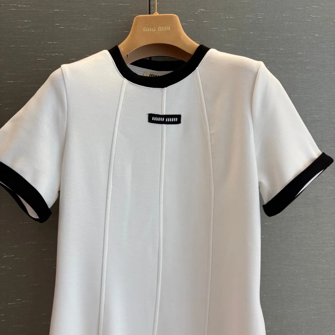 『S-L』夏 軽量 おしゃれ ロゴデコ カラーブロック クルーネック 半袖 ワンピース