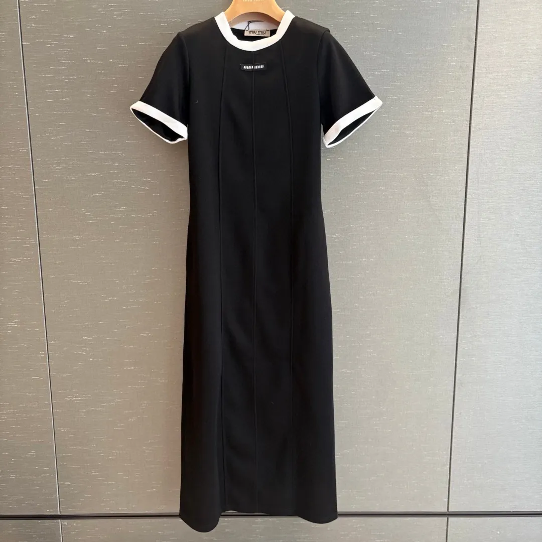 『S-L』夏 軽量 おしゃれ ロゴデコ カラーブロック クルーネック 半袖 ワンピース