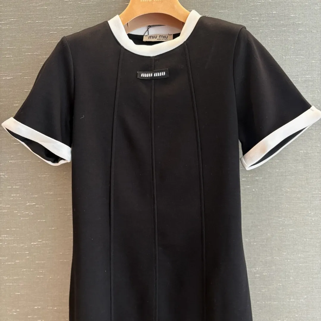 『S-L』夏 軽量 おしゃれ ロゴデコ カラーブロック クルーネック 半袖 ワンピース