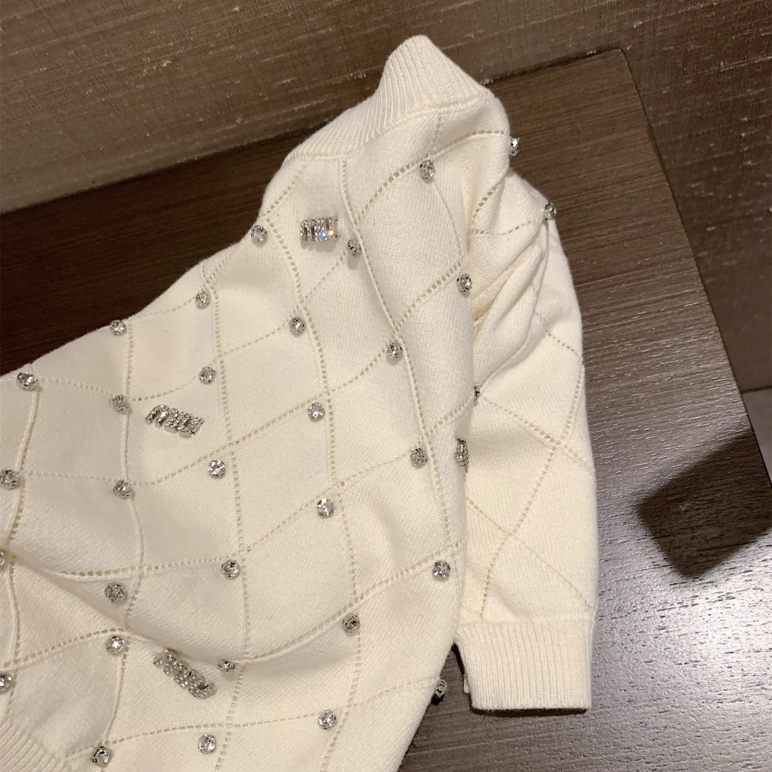 『S-L』夏 おしゃれ ヘビーワーク キラキラデコ ダイヤロゴ ニット 半袖 デニムスカート