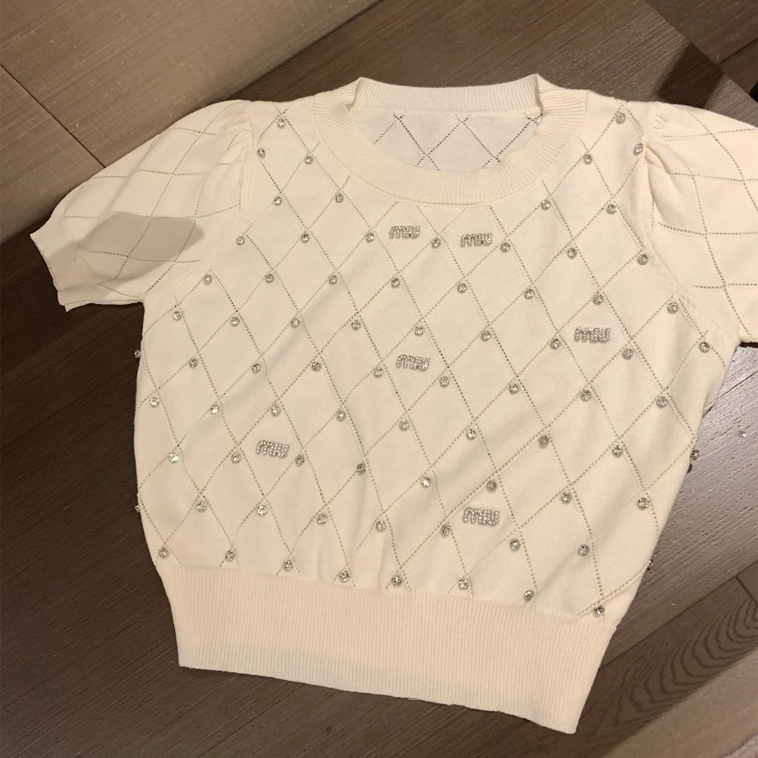 『S-L』夏 おしゃれ ヘビーワーク キラキラデコ ダイヤロゴ ニット 半袖 デニムスカート