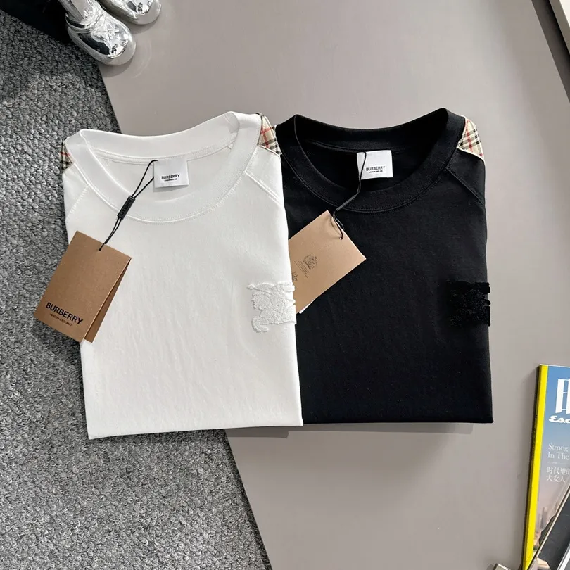『XS-L』オーダーメイド 100％ ダブル ガーゼ コットン 生地 肩 テープ 刺繍 戦馬 ロゴ 半袖 Tシャツ