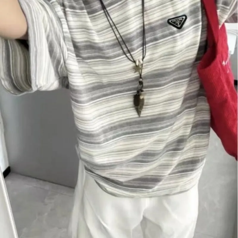 『M-XL』お手頃価格 しわになりにくく快適 混紡生地 ヴィンテージストライプ半袖Tシャツ