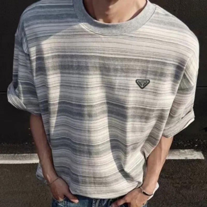 『M-XL』お手頃価格 しわになりにくく快適 混紡生地 ヴィンテージストライプ半袖Tシャツ